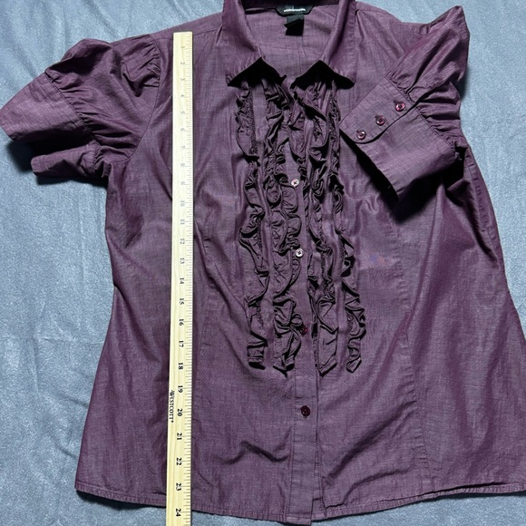 Moda International Women’s Ruffle Front Purple Short Sleeve Cotton Blouse, XL - Picture 9 of 13